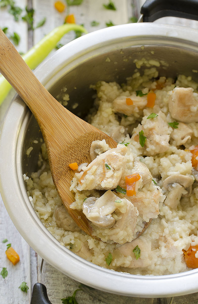 Dish with rice, mushrooms and chicken - Mushroom and Chicken Risotto is real hit!