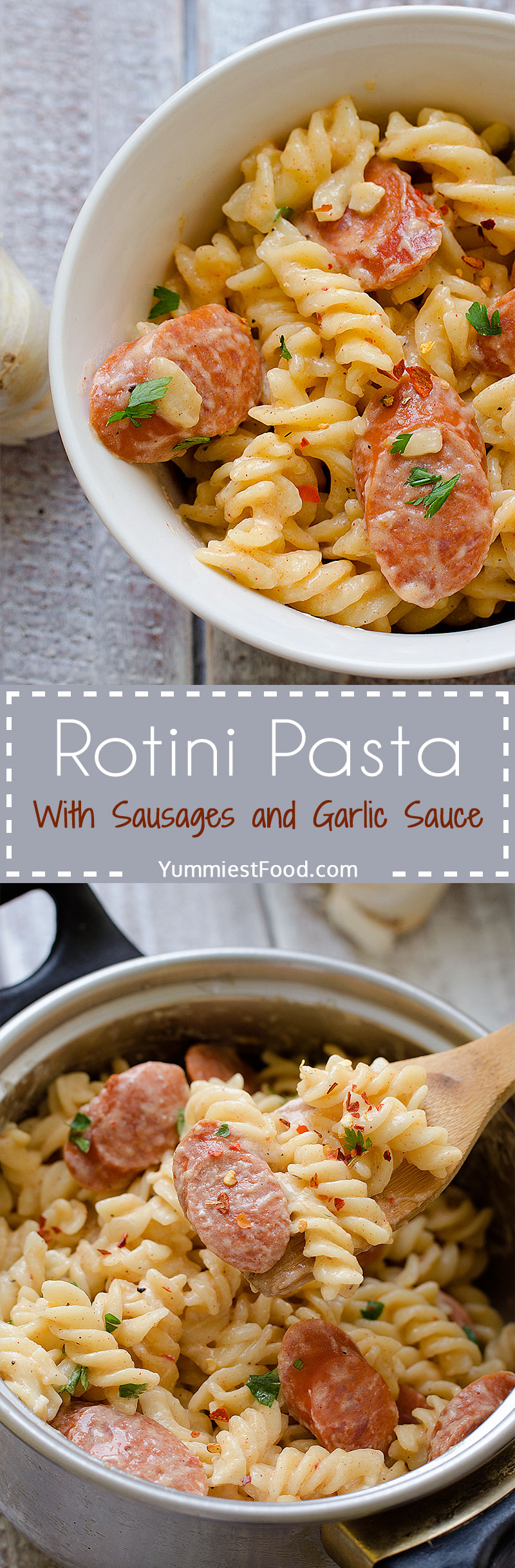 Delicious Rotini Pasta with sausages and garlic sauce