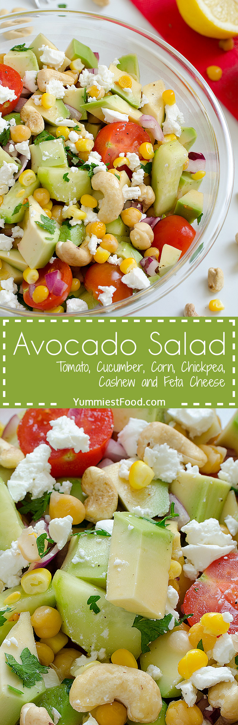 Avocado, Tomato, Cucumber, Corn, Chickpea and Cashew Salad with Feta Cheese - Light, full of healthy ingredients and perfectly refreshing.