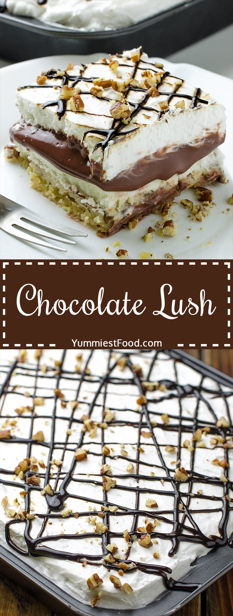 Chocolate Lush - perfect combination of cream cheese, cool whip and pecans. Layer after layer of chocolate fantasy.