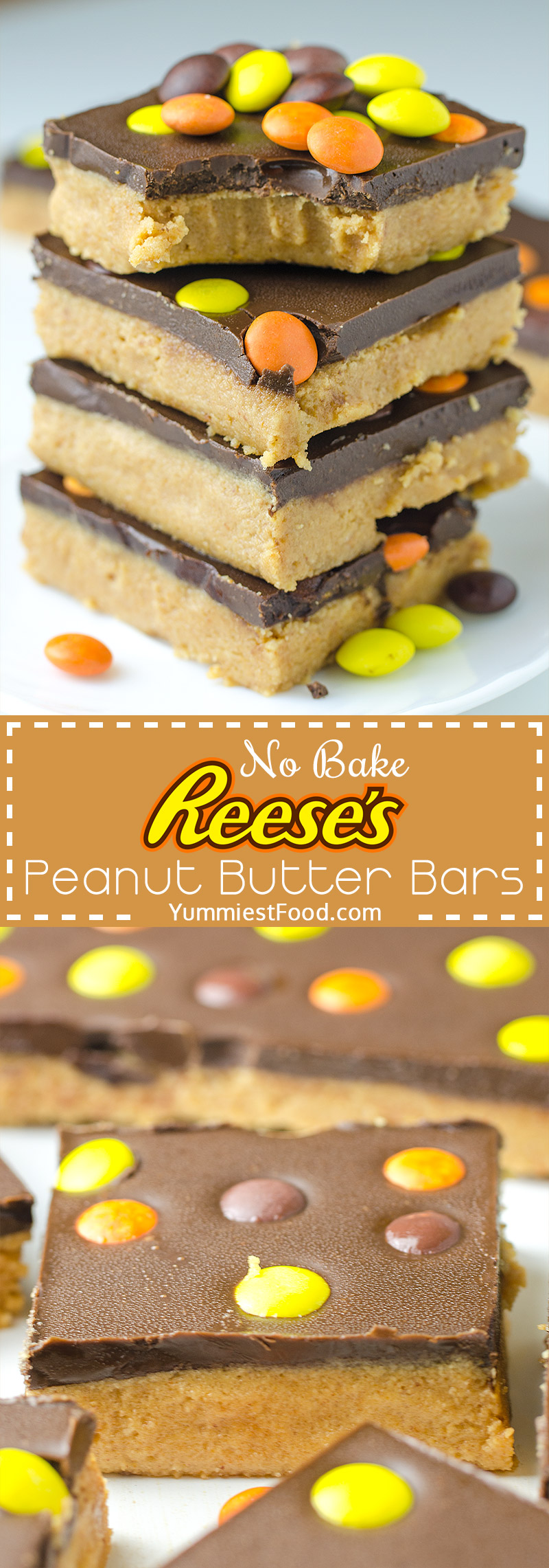 Easy No Bake Reese’s Peanut Butter Bars - Easy, simple and quick no bake dessert recipe with peanut butter and chocolate