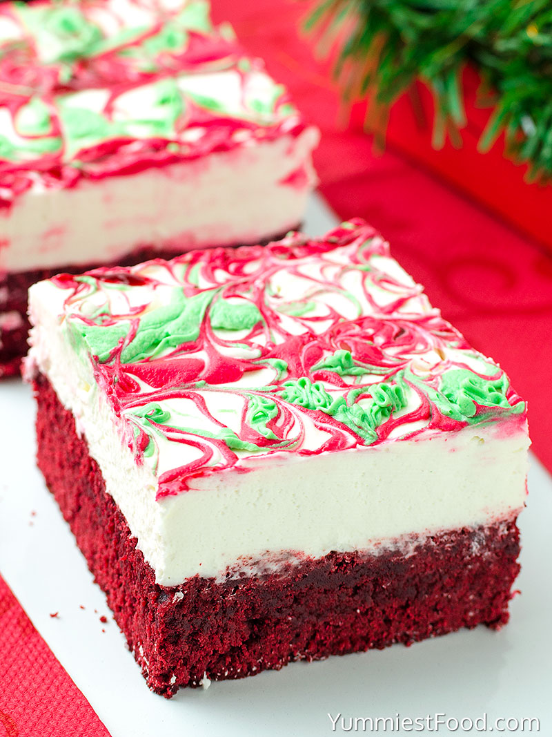 Christmas Red Velvet Cheesecake Brownies - at the table