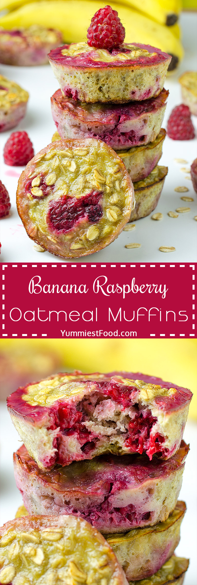 HEALTHY BANANA RASPBERRY OATMEAL MUFFINS - A QUICK, EASY and delicious recipe with FOUR ingredients, NO flour, sugar or butter