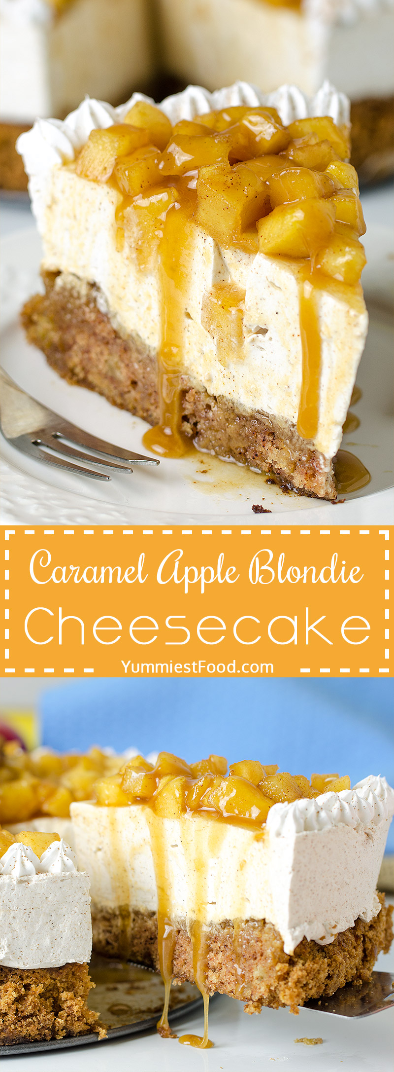 CARAMEL APPLE BLONDIE CHEESECAKE - This delicious cake is perfectly moist and has cinnamon apples infused in each and every bite