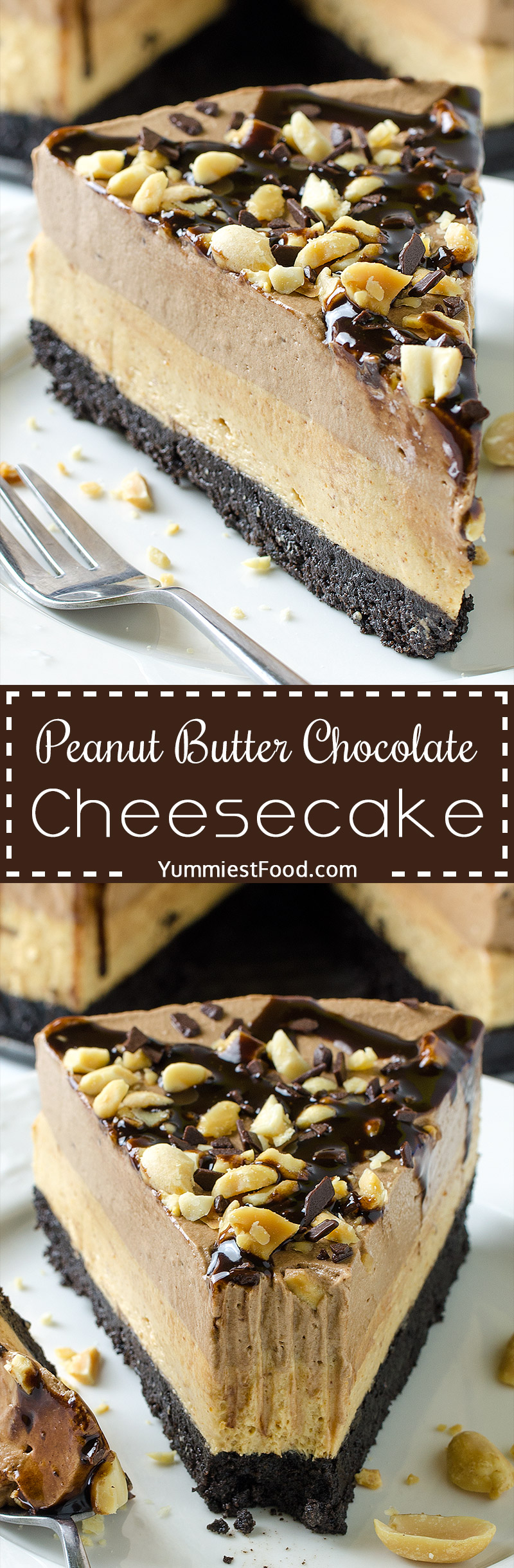 PEANUT BUTTER CHOCOLATE CHEESECAKE - NO BAKE - is a quick and easy Oreo, peanut butter and chocolate dessert recipe, perfect for summer and anytime you need no-bake dessert