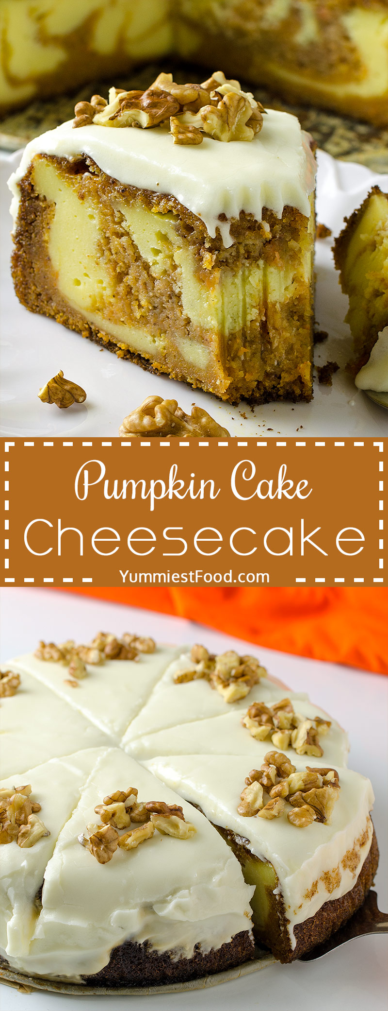 PUMPKIN CAKE CHEESECAKE - No Thanksgiving table is complete without pumpkin cake cheesecake. This perfect recipe is soft, moist, delicious and so very good. The perfect dessert for your Thanksgiving dinner party.