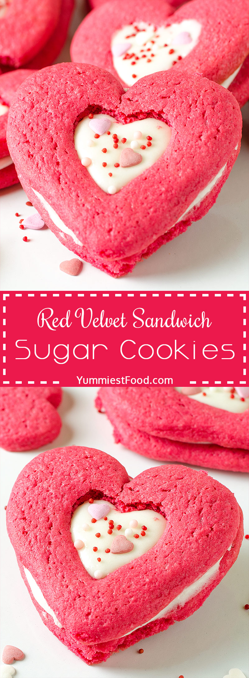 VALENTINES RED VELVET SANDWICH SUGAR COOKIES – Two red velvet sugar cookies are sandwich with cream cheese filling and topped with cute Valentines sprinkles 