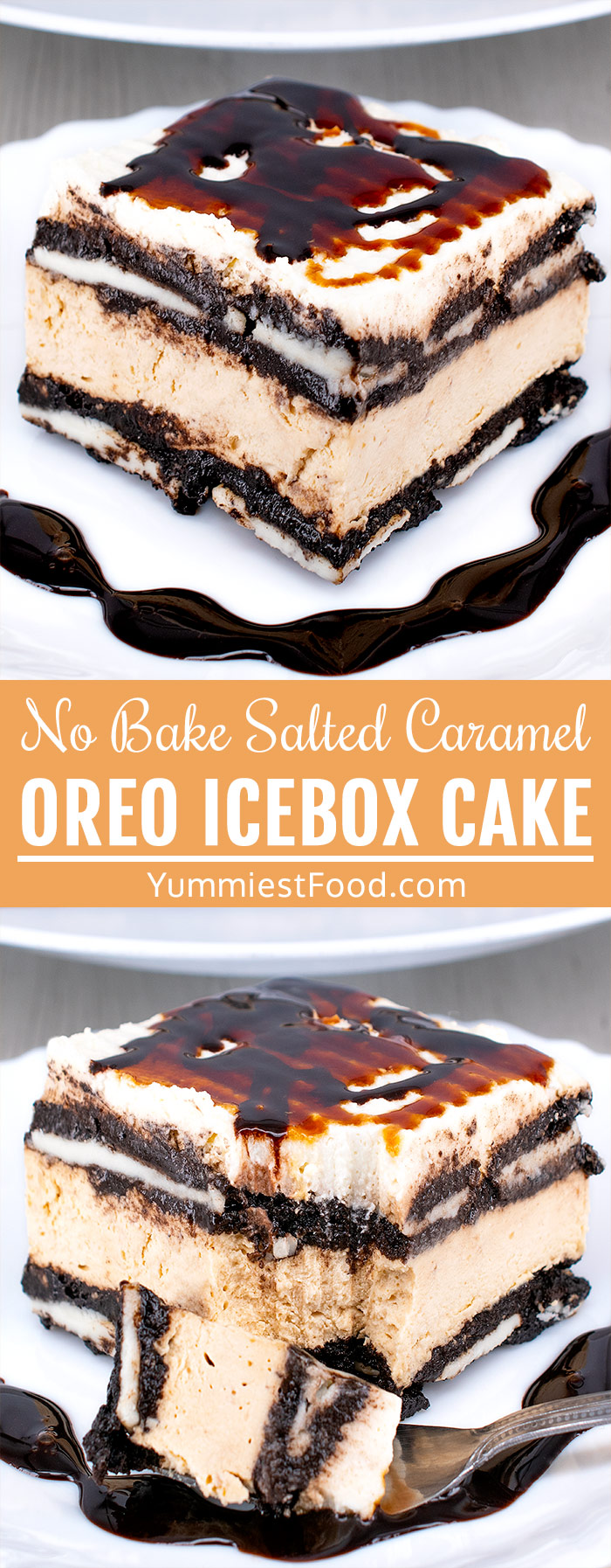 This easy No Bake Salted Caramel Oreo Icebox Cake recipe includes coffee, salted caramel, cream cheese, and delicious Oreo cookies