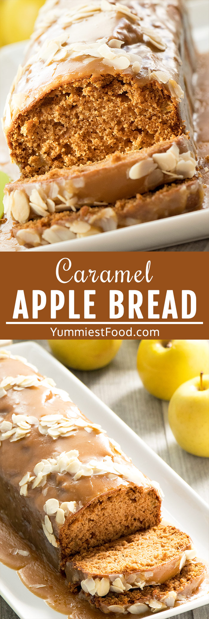 Caramel Apple Bread with Cinnamon and Nutmeg - dense and flavorful quick and easy Caramel Apple Bread topped with 3 ingredients and only 5 minutes to make caramel glaze