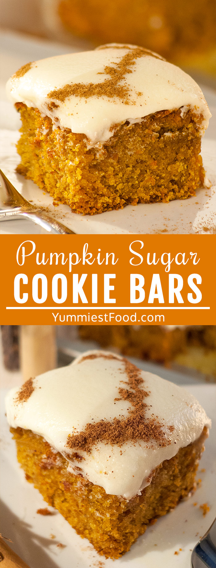 Pumpkin Sugar Cookie Bars with Cream Cheese Frosting - Made of homemade pumpkin puree and topped with cream cheese frosting