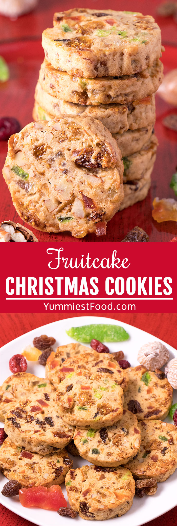 Fruitcake Christmas Cookies - These pretty, chewy and delicious Fruitcake Christmas Cookies, fruit rich and nut filled, with a hint of cinnamon and cloves, will surely be one of your favorite Fruitcake Cookies. #christmas #xmas #christmasrecipes #christmasdesserts #desserts #dessert #dessertrecipes #dessertfoodrecipes #cookies #easycookies #cookierecipe #christmascookies #fruitcakecookies