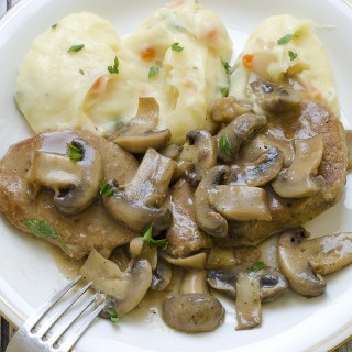 So delicious, easy, soft and really tasty dish with few ingredients - pork with mushrooms and colorful mashed potatoes!