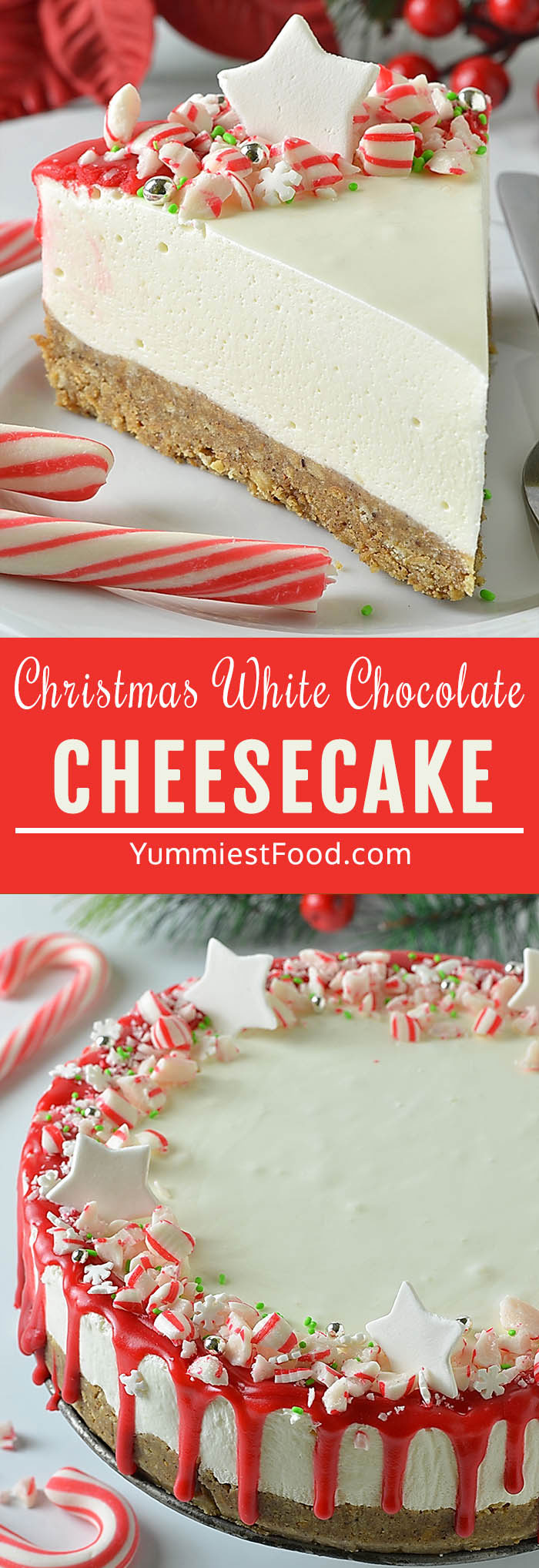 Christmas White Chocolate Cheesecake - Amazing Christmas Cheesecake to make your Holiday season as delicious and magical as you imagine! Simple to make and deliciously creamy with a crumbly Gingerbread crust, white chocolate filling and more! #christmas #christmasrecipes #dessertrecipes #dessertfoodrecipes #easyrecipes #chocolate #cheesecakerecipes #cheesecake