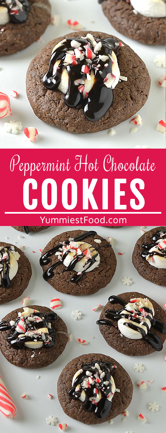 Peppermint Hot Chocolate Cookies are the perfect treat to have on hand during the Holiday season! Decadently rich peppermint chocolate cookies with a lot of chocolate, melted marshmallows stacked on top with chocolate icing and crushed candy cane! #christmas #christmasrecipes #chocolate #desserts #dessertrecipes #cookies #easycookies