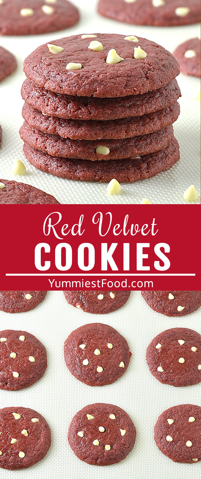 Red Velvet White Chocolate Chip Cookies is a special recipe for a special occasion Valentine's Day! They turn out soft and chewy with a beautiful red color makes them perfect for Valentine's Day or whenever you are craving red velvet! #valentines #valentinesday #valentinesfood #valentinestreats #desserts #valentinescookies #cookies #easycookies #redvelvetcookies