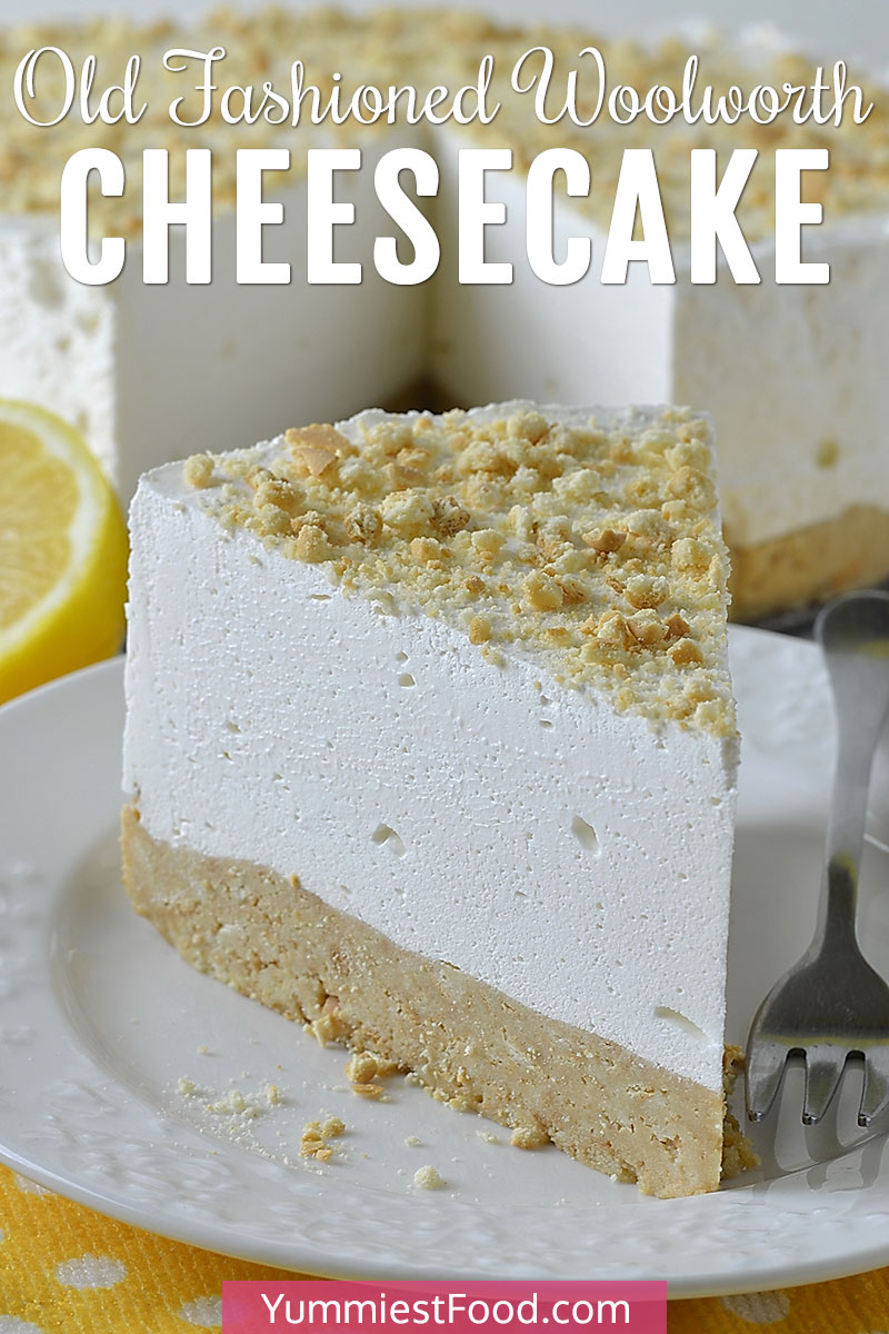 Old Fashioned Woolworth Cheesecake is classic No Bake dessert with graham cracker crust and creamy, light cheesecake full of lemon flavor! #dessertrecipes #dessertfoodrecipes #cheesecakerecipes #cheesecake