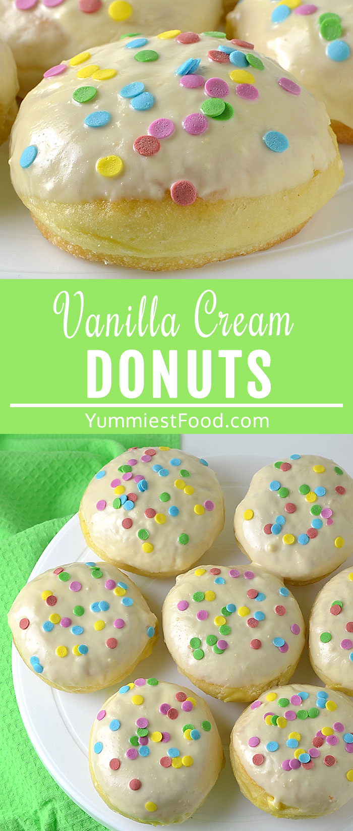 Vanilla Cream Donuts are super soft baked donuts adorned with white chocolate glaze and filled with easy Vanilla cream! Baked donuts are insanely delicious and make such a special treat! Everyone will love decorating the glazed donuts to look like Easter treat! #desserts #dessertrecipes #easyrecipes #easter #donuts