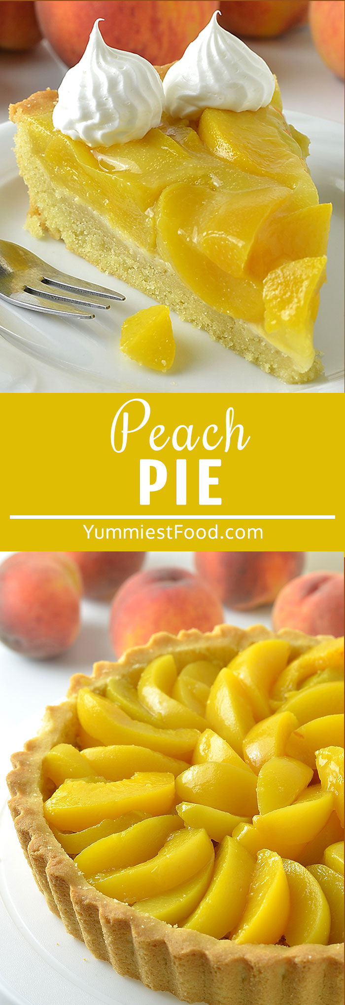 Peach Pie is sweet, creamy and so delicious dessert perfect for any time of the year! Make it with pastry shell, fresh or canned peaches, Peach Jell-O and topped with whipped cream!