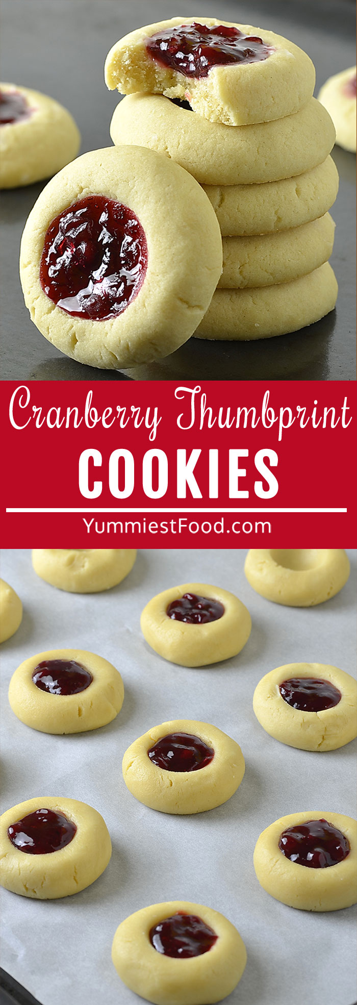 Cranberry Thumbprint cookies are buttery little cookies filled with sauce. They’re a classic cookie recipe to make for any holiday party or cookie exchange!