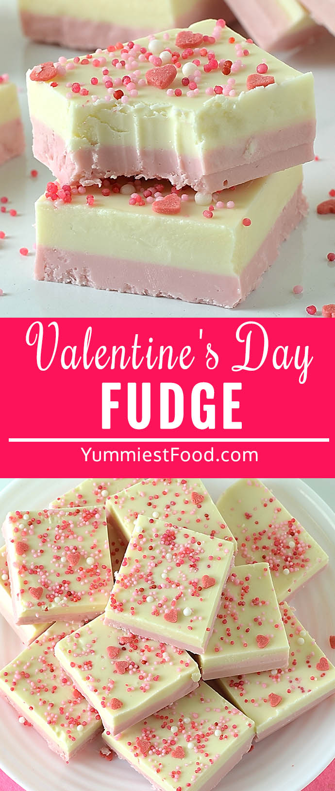 This five-ingredient Valentine’s Day Fudge takes about 10 minutes to put together! White chocolate chips, sweetened condensed milk, vanilla extract, pink food coloring and sprinkles is all you need!