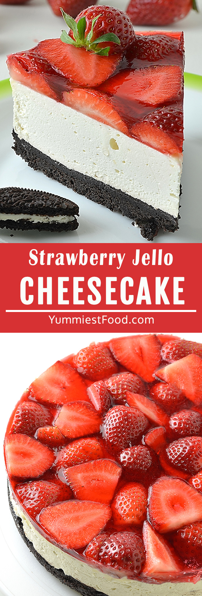 Strawberry Jello Cheesecake is creamy, delicious, and such an easy dessert to make! This no-bake cheesecake recipe is made with an Oreo cookie crust, a cream cheese filling, and fresh strawberries with a Jello layer on top!