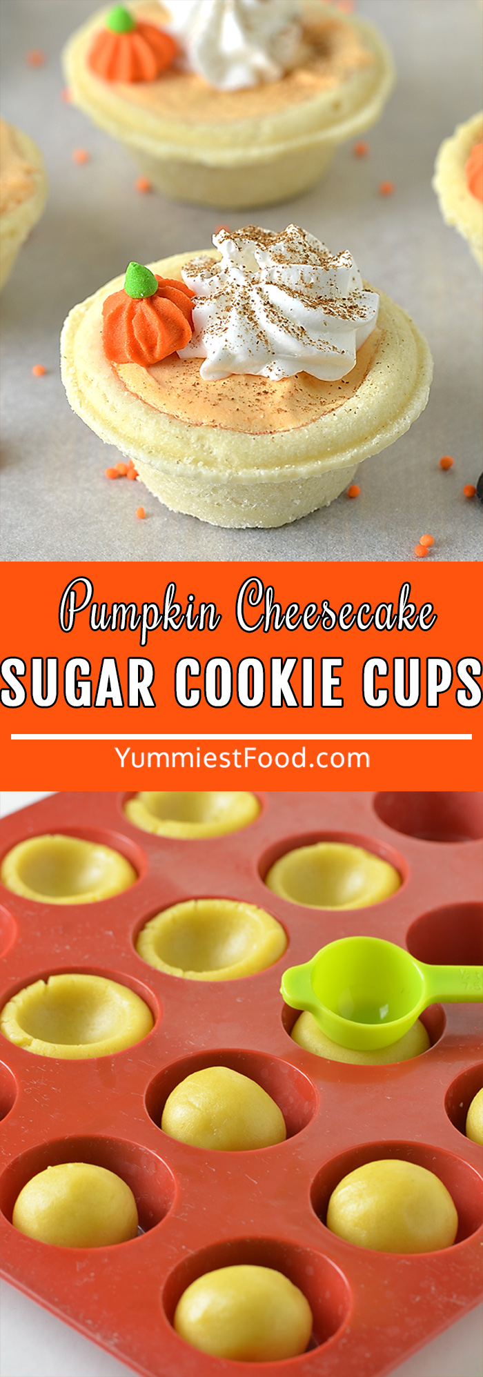 Delicious pumpkin cheesecake sugar cookie cups topped with a dollop of whipped cream and a sprinkle of cinnamon. They are delicious and such fun little cookies to bite into!