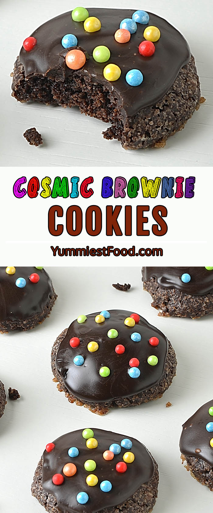 Cosmic Brownie Cookies are rich and chewy cookies made with boxed brownie mix and topped with chocolate ganache and colorful candy sprinkles
