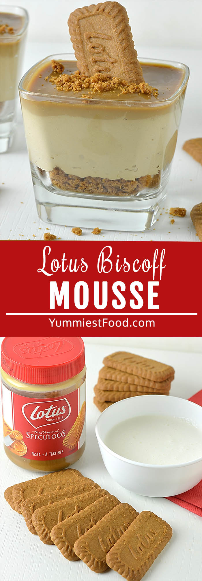Easy, rich and decadent dessert with 3 ingredients a Lotus Biscuit base, creamy Lotus Biscoff mousse and Lotus Biscoff spread! Elegant dessert for any special occasion!
