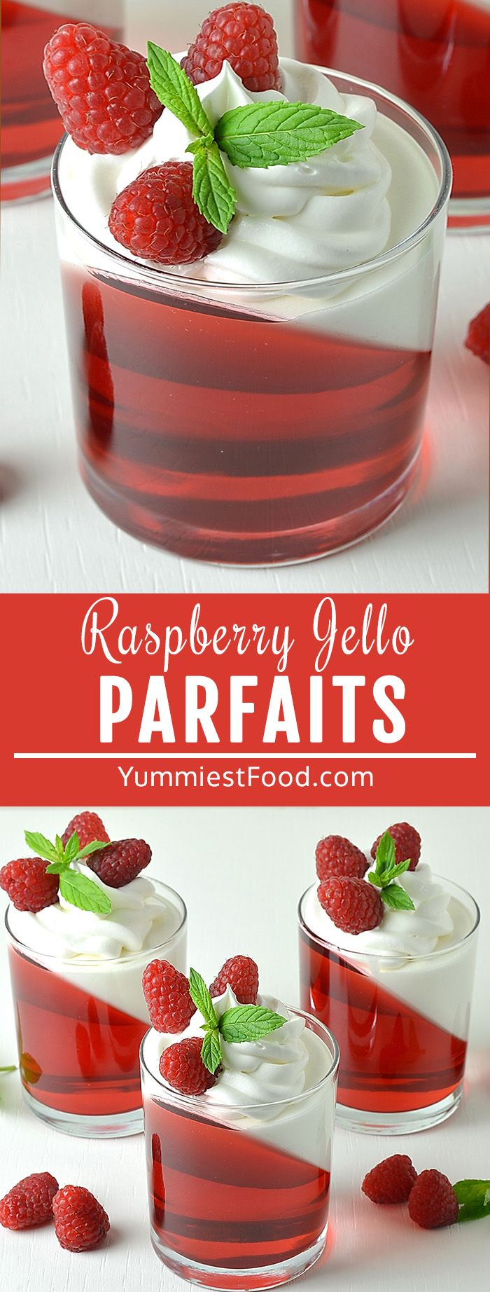 Pretty Raspberry Jello Parfaits made easy with just 3 ingredients! Raspberries, jello and whipped cream combine for a simple, elegant dessert. Fun and festive Jello recipe perfect for summer party any occasion!