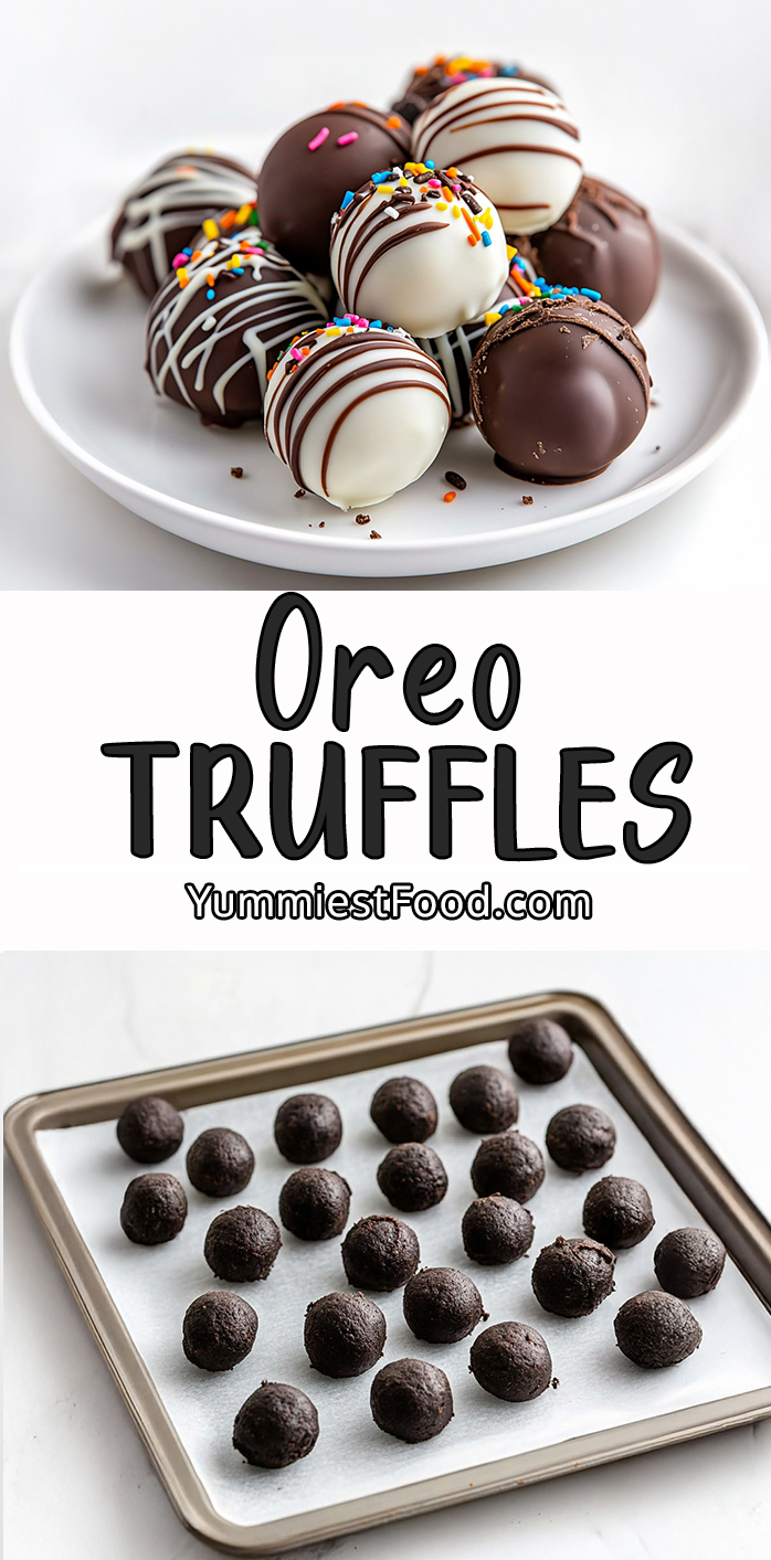Delicious Oreo truffles made with crushed Oreos, cream cheese and melted chocolate, topped with festive sprinkles! Rich, creamy and dipped in chocolate for the perfect bite-sized treat!