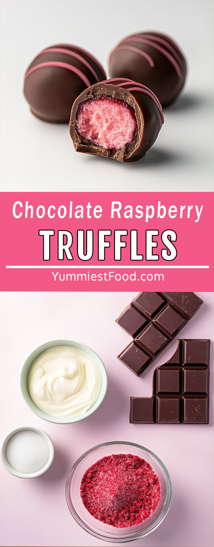 Handmade chocolate raspberry truffles with a smooth dark chocolate coating, drizzled with pink chocolate, Easy No-Bake Dessert for Any Occasion!