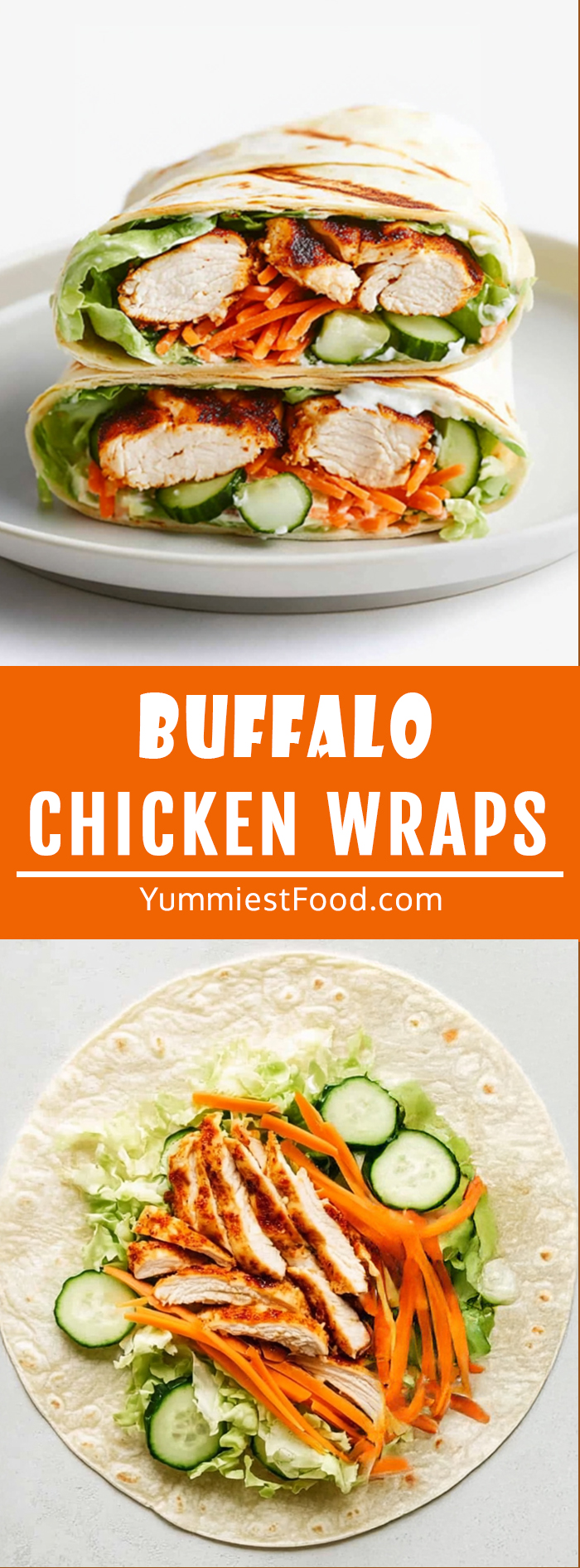 Soft flour tortilla filled with spicy buffalo chicken, crisp romaine lettuce, shredded carrots, and sliced cucumbers, neatly wrapped and sliced in half, served on a plate! Easy and Flavorful Summer Meal for All Ages!