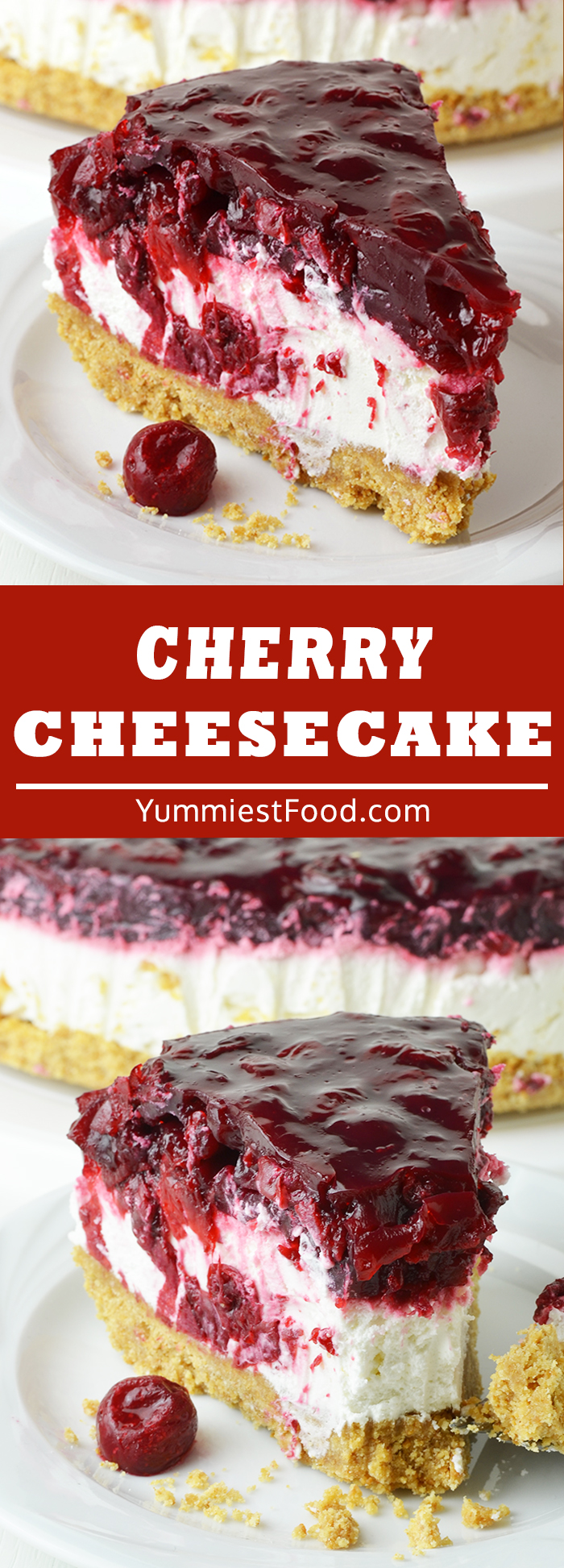 Cherry Cheesecake is a deliciously simple dessert that can be whipped up in a matter of minutes! You will love the sweet graham cracker crumb crust, creamy cheesecake filling and fruity topping!