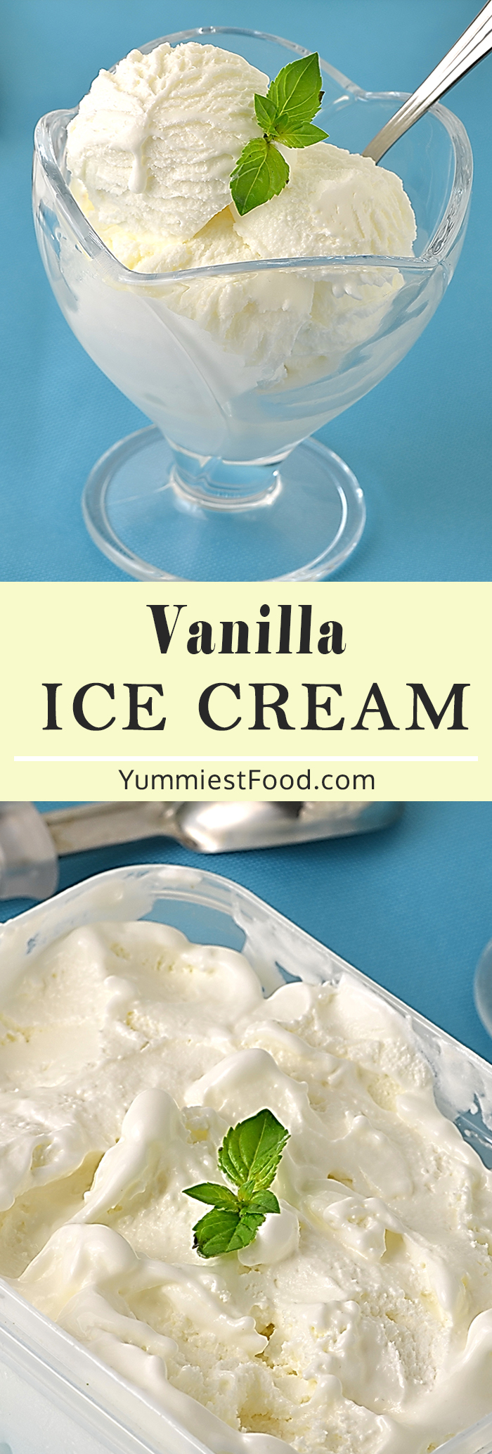 Creamy homemade vanilla ice cream with just 3 ingredients – sweetened condensed milk, heavy cream and pure vanilla extract, topped with fresh mint! No ice cream maker needed, perfect for all ages!