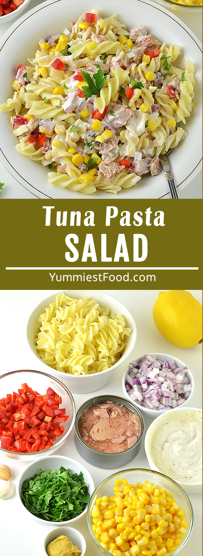 Healthy tuna pasta salad with Greek yogurt dressing, corn, red peppers, and fresh herbs served in a bowl, makes a quick and easy meal!